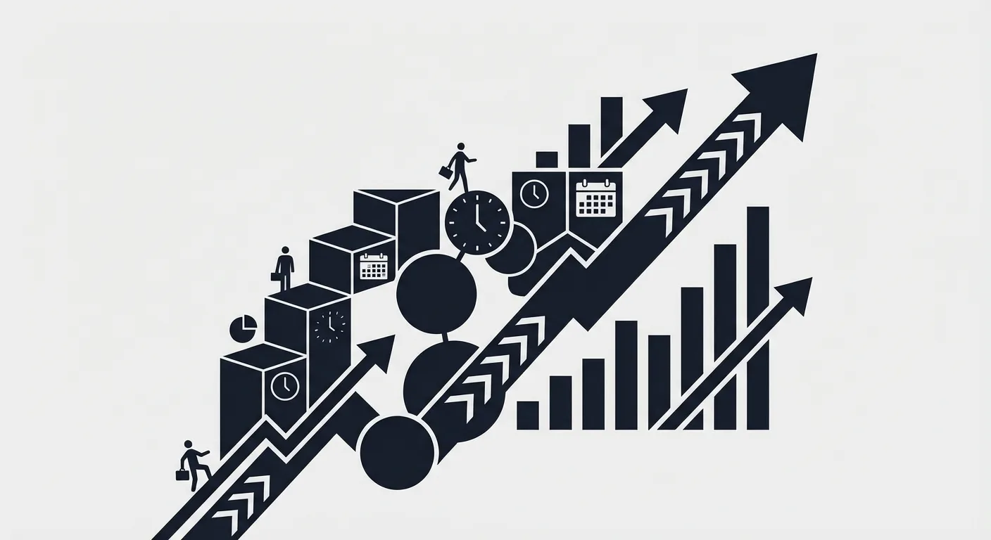 Person overwhelmed by multiple devices and notifications while working, representing toxic hustle culture and social media...