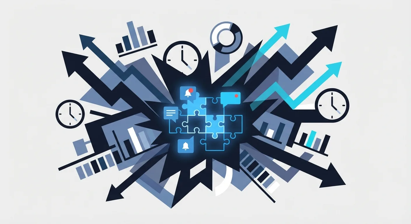 Colorful jigsaw puzzle pieces scattered around a smartphone displaying viral news content, with trending arrows pointing u...