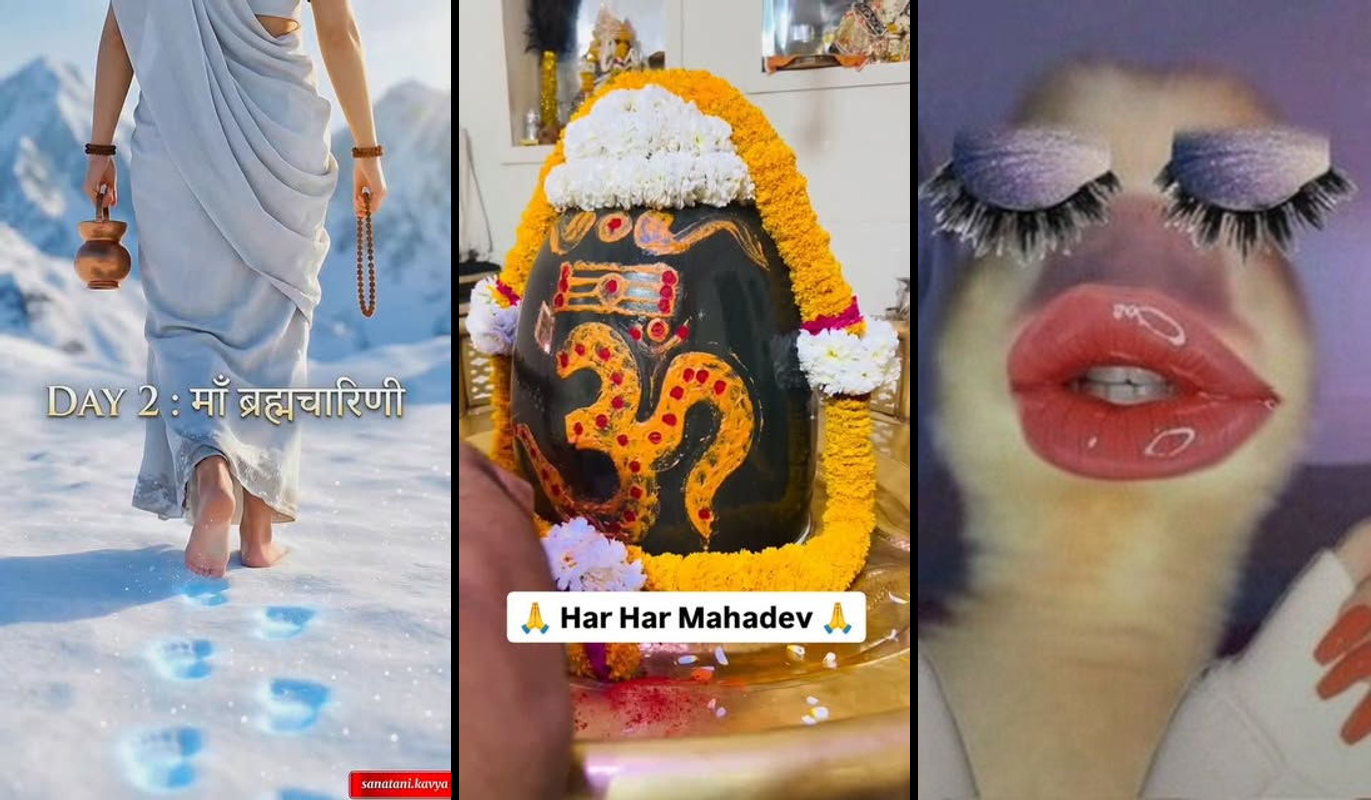 Colorful Navratri celebration with dancers in traditional garments creating viral social media reels during the festival