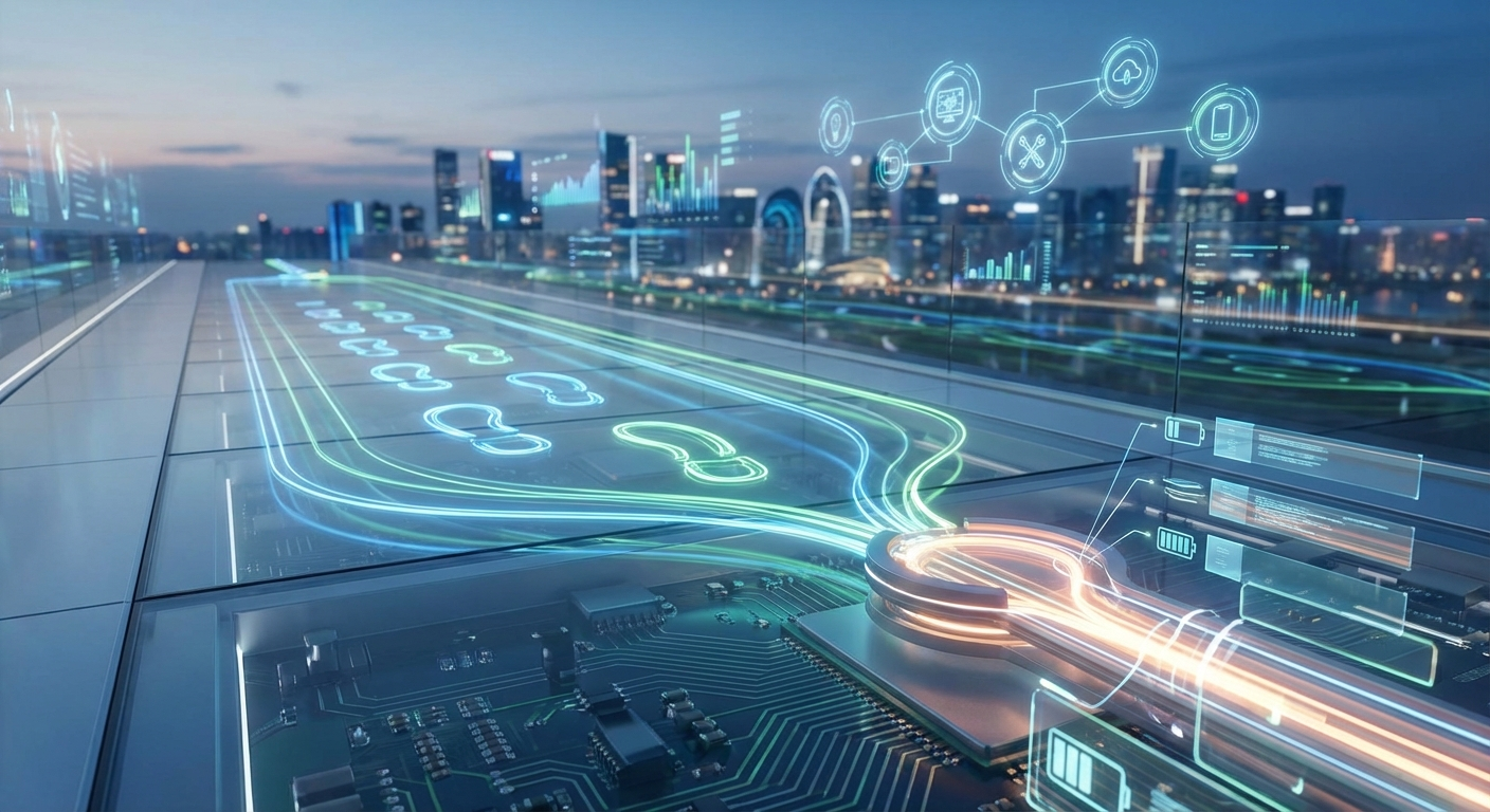 Futuristic digital footprints converting to glowing energy particles, representing emerging tech trends and innovation