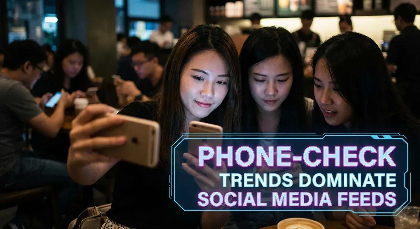 Person scrolling through social media feed on smartphone showing multiple phone-check trend videos and posts
