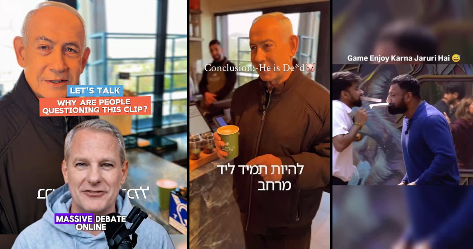 Split-screen showing authentic social media post versus AI-generated content with detection symbols and magnifying glass o...