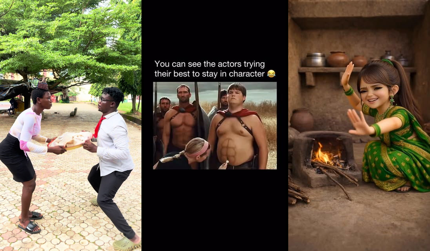 Split screen showing ancient Spartan warrior and colorful saree fabric with video play buttons overlay representing viral ...