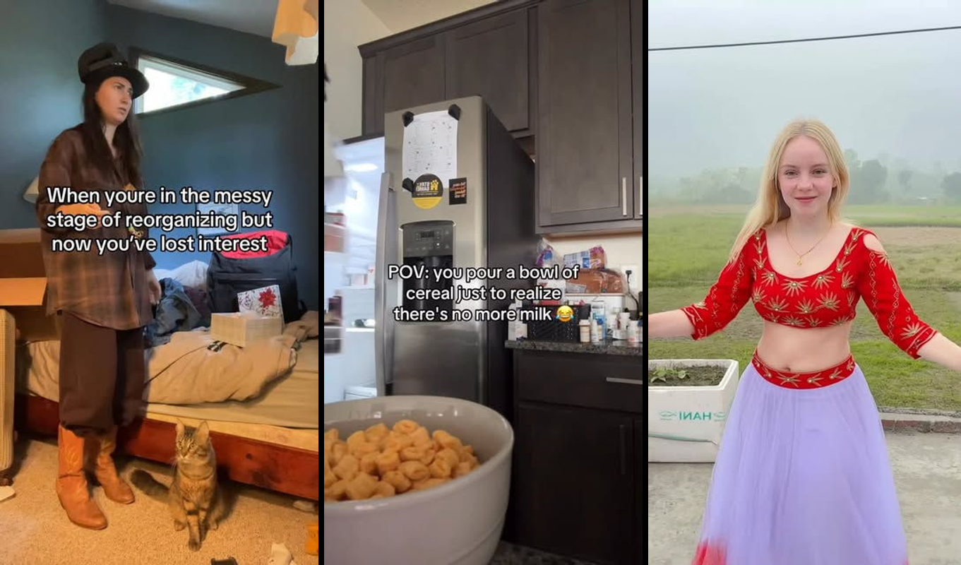 Split-screen showing TikTok app interface with trending videos including Chanda Mama content and gym transformation reveals