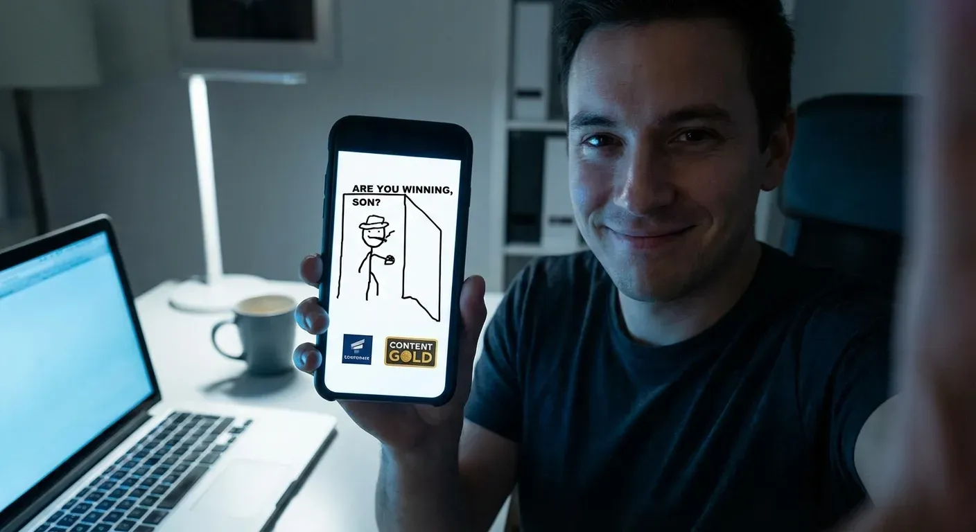 Stick figure dad asking "Are you winning son?" to child at computer - popular internet meme for brand content marketing